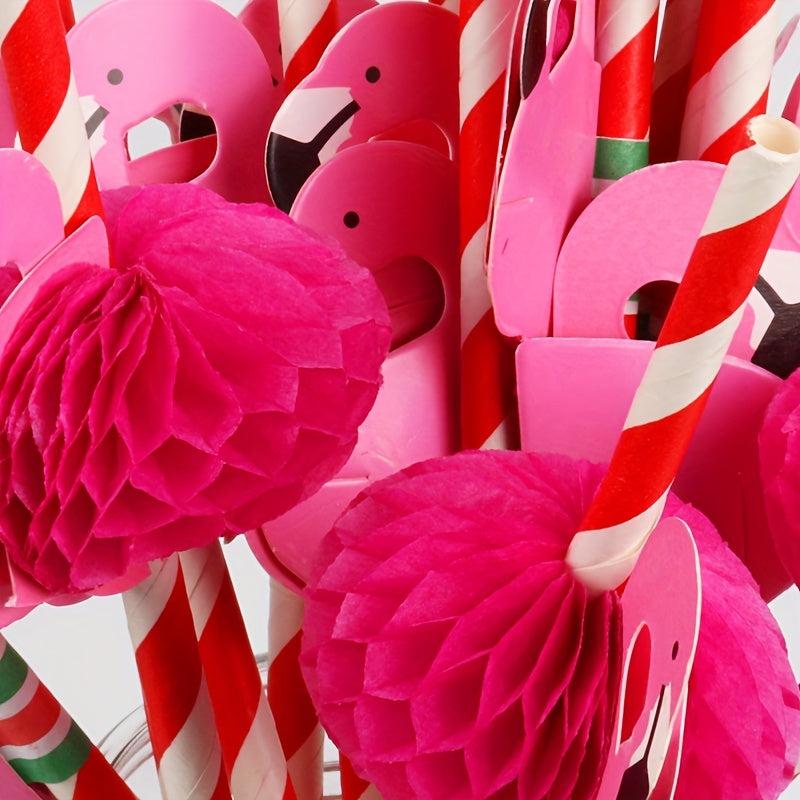 12pcs Honeycomb Ball Straws 15.6cm Striped Hawaiian Flamingo Paper Straws