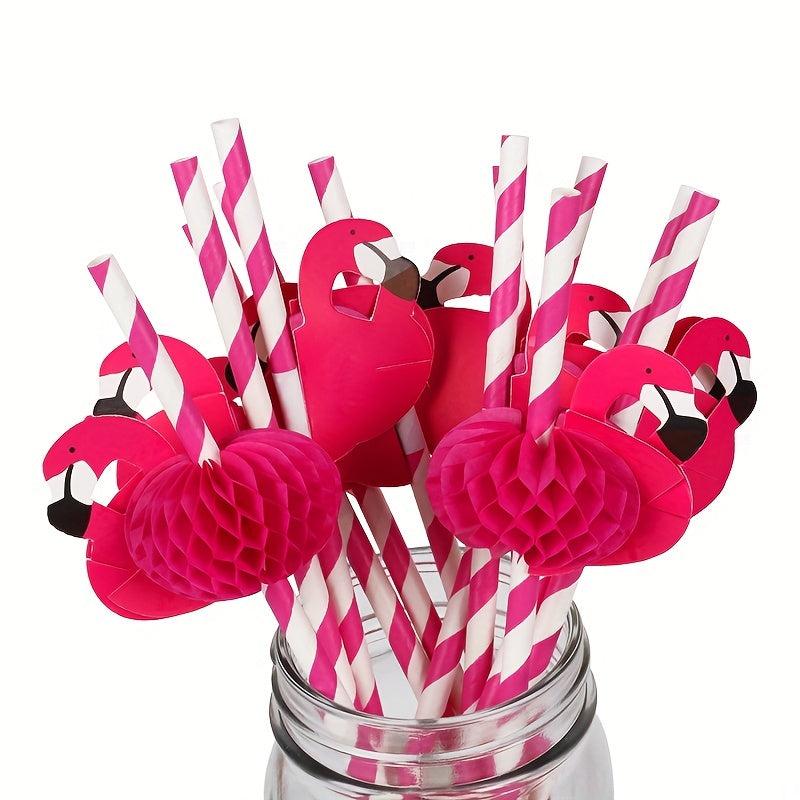 12pcs Honeycomb Ball Straws 15.6cm Striped Hawaiian Flamingo Paper Straws