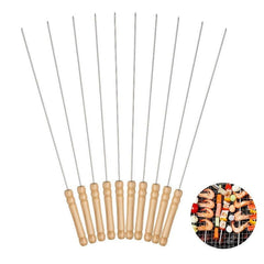 10pcs Stainless Steel BBQ Skewers with Wood Handle
