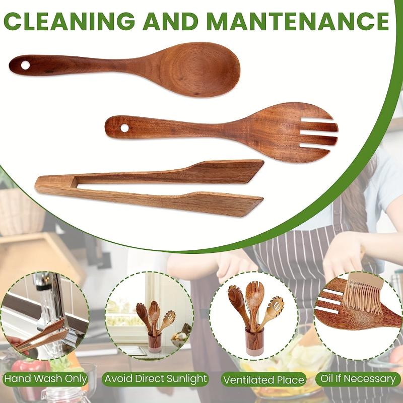 3pcs Wood Salad Servers Spoon Fork Tongs for Kitchen Mixing Dinner Cook
