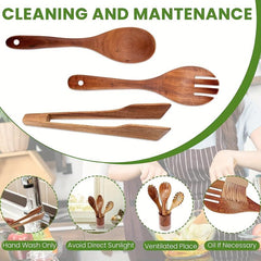 3pcs Wood Salad Servers Spoon Fork Tongs for Kitchen Mixing Dinner Cook