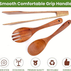 3pcs Wood Salad Servers Spoon Fork Tongs for Kitchen Mixing Dinner Cook