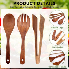 3pcs Wood Salad Servers Spoon Fork Tongs for Kitchen Mixing Dinner Cook