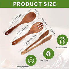 3pcs Wood Salad Servers Spoon Fork Tongs for Kitchen Mixing Dinner Cook
