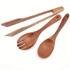 3pcs Wood Salad Servers Spoon Fork Tongs for Kitchen Mixing Dinner Cook