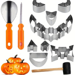Halloween Pumpkin Carving Tools Set Stainless Steel Kit with Hammer and Stencils