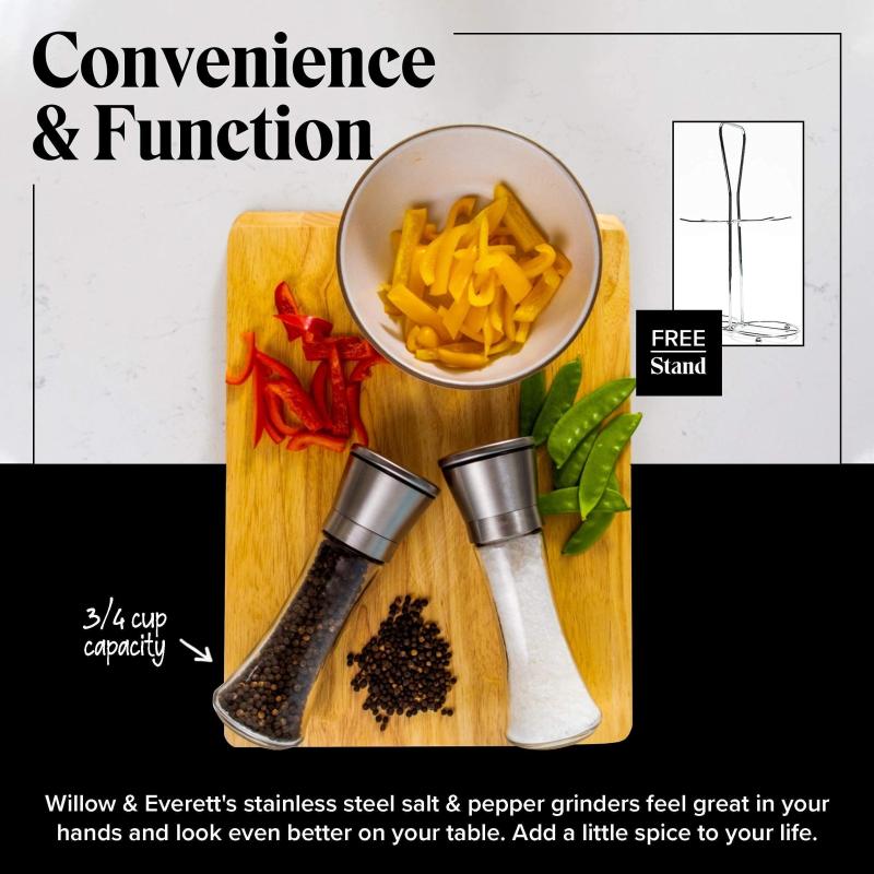 2pcs Manual Pepper & Salt Grinder Set with Rack Glass Seasoning Bottle