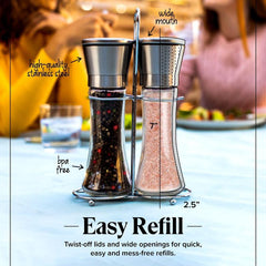 2pcs Manual Pepper & Salt Grinder Set with Rack Glass Seasoning Bottle