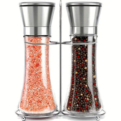2pcs Manual Pepper & Salt Grinder Set with Rack Glass Seasoning Bottle