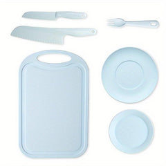 Kids Kitchen Set: Safe Plastic Knives, Cutting Board, Plates, Forks