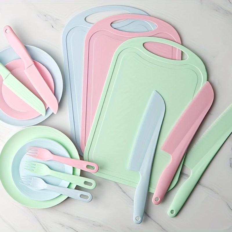 Kids Kitchen Set: Safe Plastic Knives, Cutting Board, Plates, Forks
