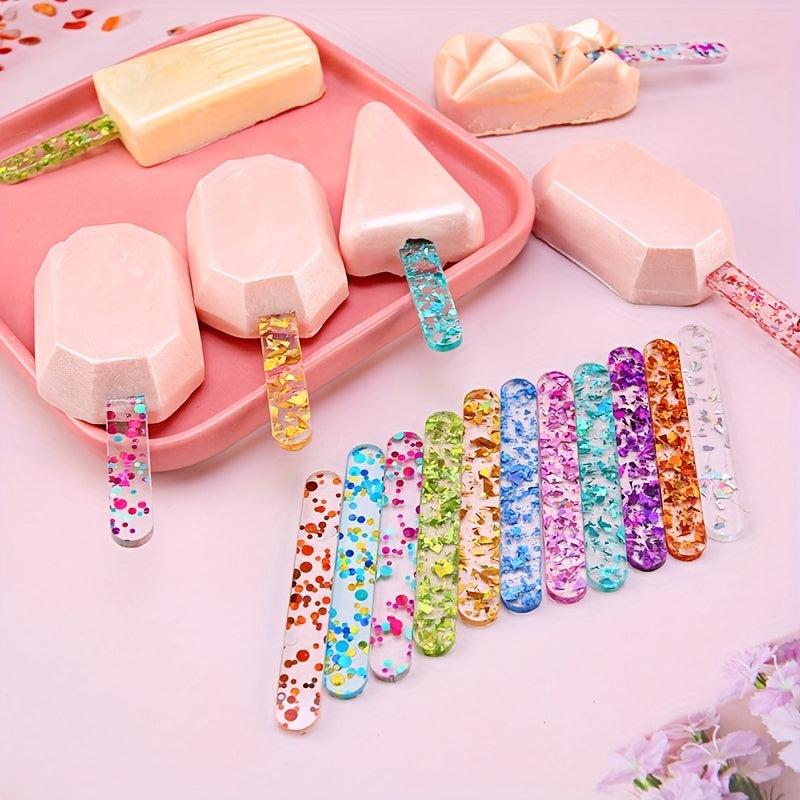10pcs Reusable Sequin Acrylic Ice Cream Sticks for Homemade Ice Cream