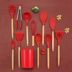 12pcs Non Stick Silicone Utensil Set with Wooden Handles