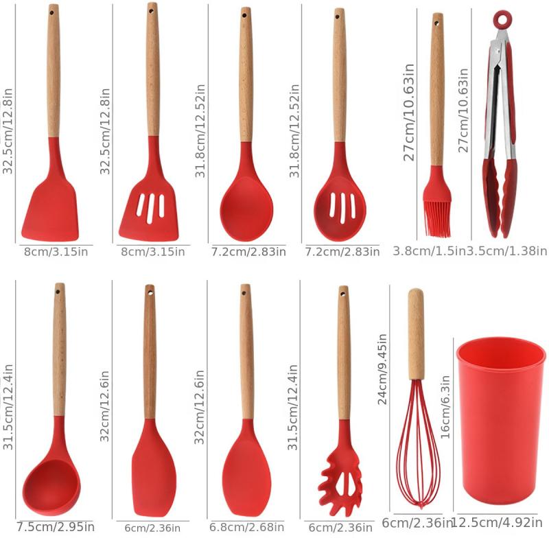 12pcs Non Stick Silicone Utensil Set with Wooden Handles
