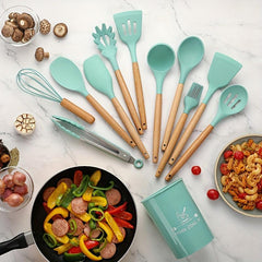 12pcs Non Stick Silicone Utensil Set with Wooden Handles