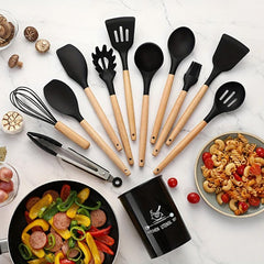 12pcs Non Stick Silicone Utensil Set with Wooden Handles