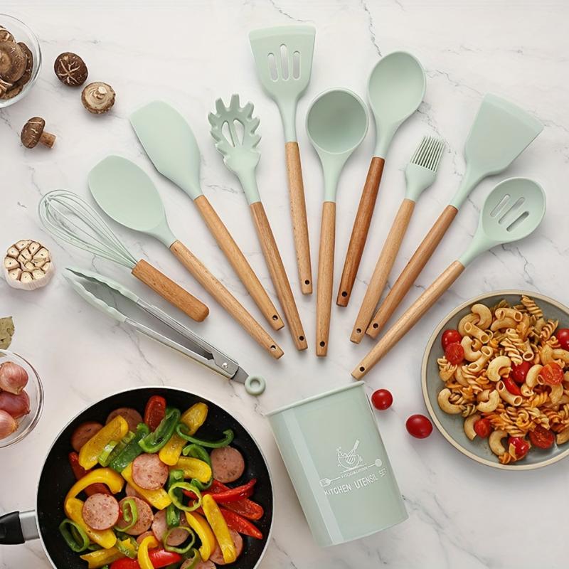 12pcs Non Stick Silicone Utensil Set with Wooden Handles