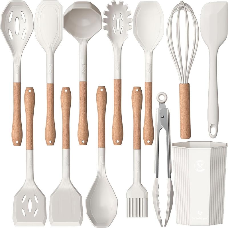 12pcs Silicone Kitchen Utensils Wooden Handle Kitchen Gadgets