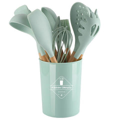 12pcs Non Stick Silicone Cooking Utensils Set Wooden Handles Storage Box