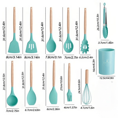 12pcs Non Stick Silicone Cooking Utensils Set Wooden Handles Storage Box
