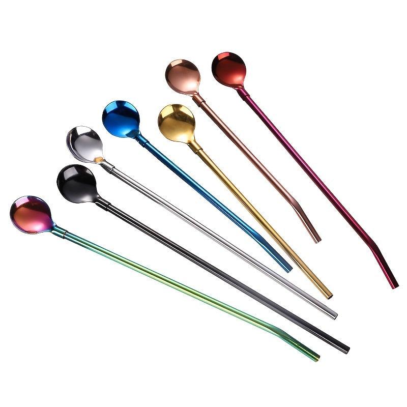 Colorful Stainless Steel Straw Spoon Long Handle Ice Scooping Mixing Drinking