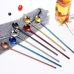 Colorful Stainless Steel Straw Spoon Long Handle Ice Scooping Mixing Drinking