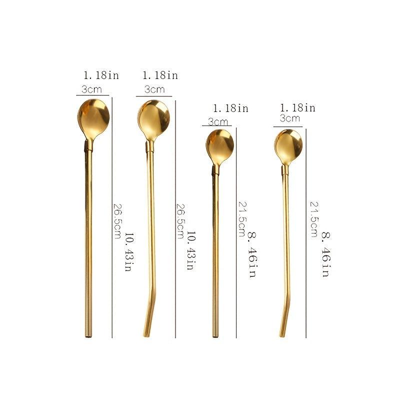Colorful Stainless Steel Straw Spoon Long Handle Ice Scooping Mixing Drinking
