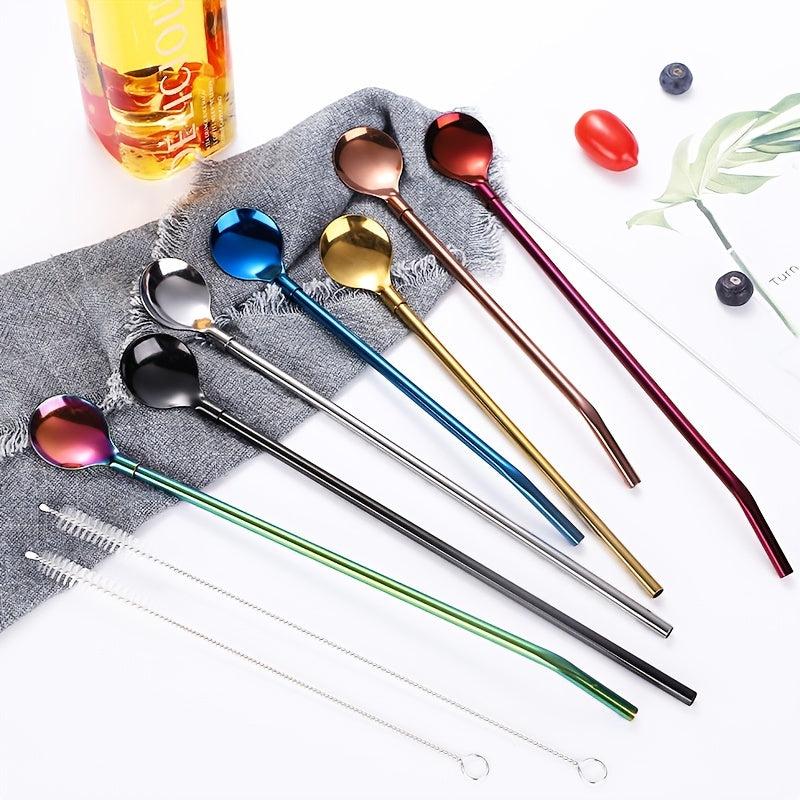 Colorful Stainless Steel Straw Spoon Long Handle Ice Scooping Mixing Drinking