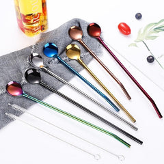 Colorful Stainless Steel Straw Spoon Long Handle Ice Scooping Mixing Drinking