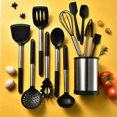12pcs Silicone Kitchenware Set with Rotatable Storage Bucket