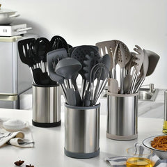 12pcs Silicone Kitchenware Set with Rotatable Storage Bucket