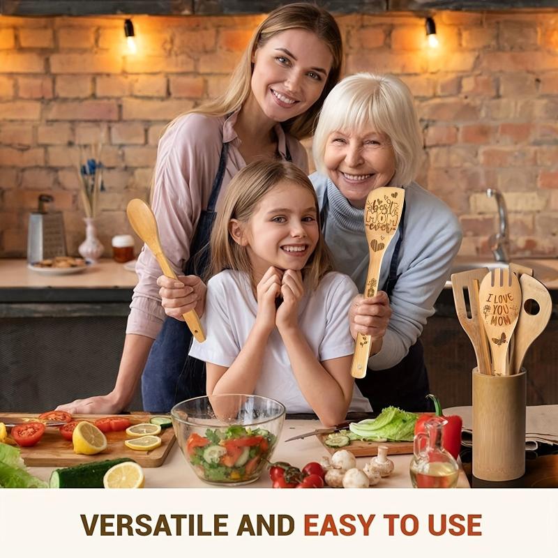 5pcs Mom Bamboo Kitchen Utensils Set Christmas Decorative Wooden Cooking Tools