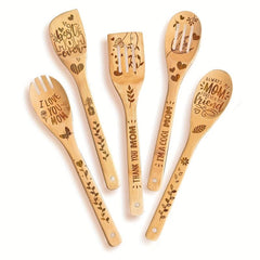 5pcs Mom Bamboo Kitchen Utensils Set Christmas Decorative Wooden Cooking Tools