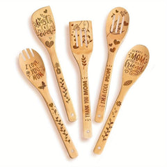 5pcs Mom Bamboo Kitchen Utensils Set Christmas Decorative Wooden Cooking Tools