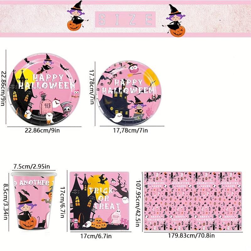 Halloween Party Pink Dinnerware Set Paper Plates Napkins Cups Table Cloth