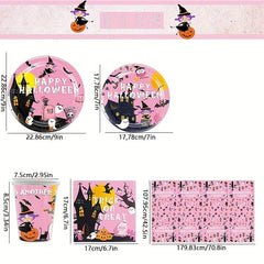 Halloween Party Pink Dinnerware Set Paper Plates Napkins Cups Table Cloth