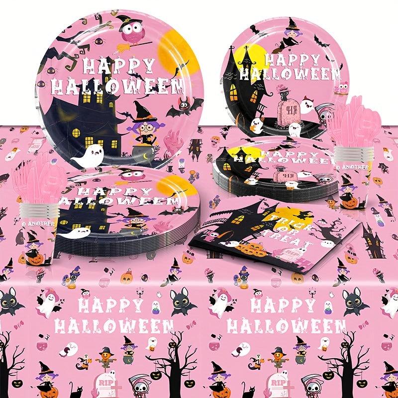 Halloween Party Pink Dinnerware Set Paper Plates Napkins Cups Table Cloth