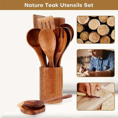 10pcs Wooden Cooking Utensils Set with Holder & Rest