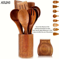 10pcs Wooden Cooking Utensils Set with Holder & Rest
