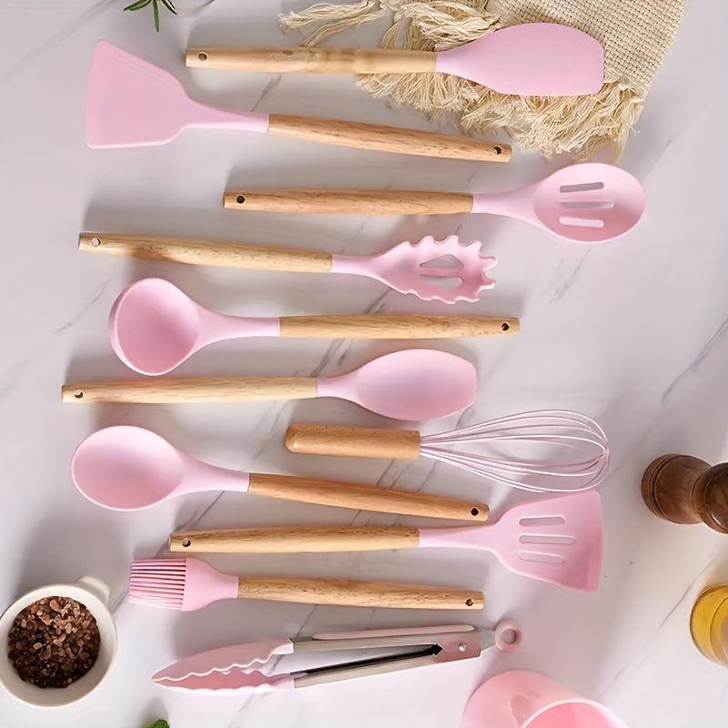 12pcs Silicone Utensil Set With Wooden Handle Modern Cookware