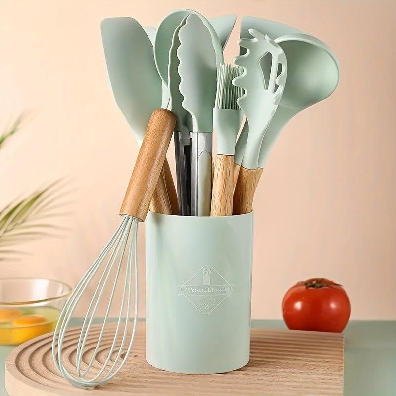 12pcs Silicone Utensil Set With Wooden Handle Modern Cookware