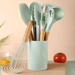 12pcs Silicone Utensil Set With Wooden Handle Modern Cookware