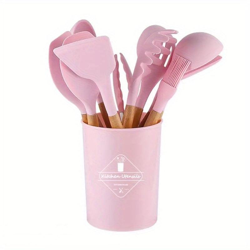 12pcs Silicone Utensil Set With Wooden Handle Modern Cookware
