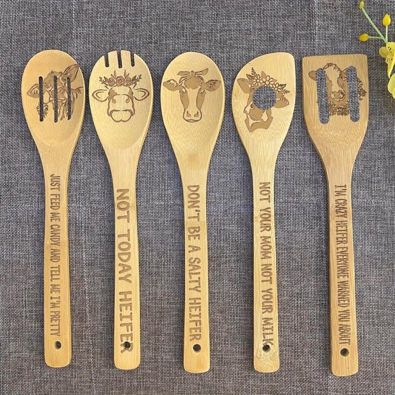 5pcs Cow Bamboo Kitchen Utensils Set Halloween Decorative Cooking Tools