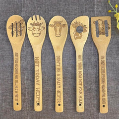 5pcs Cow Bamboo Kitchen Utensils Set Halloween Decorative Cooking Tools