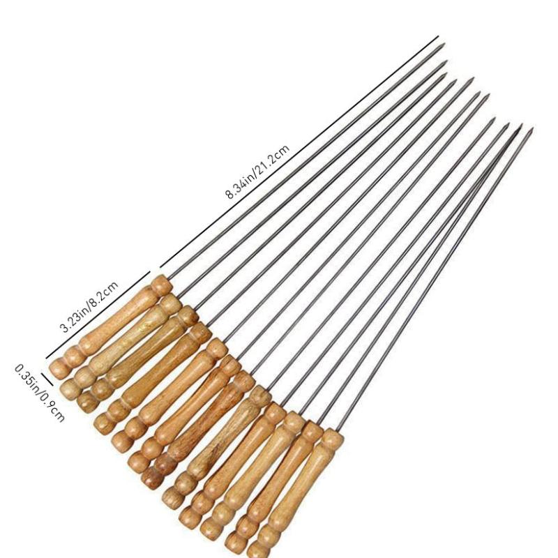 12pcs Stainless Steel Wooden Handle BBQ Stick Lamb Skewer