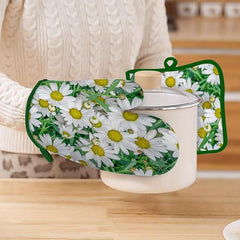 2pcs Cotton Kitchen Gloves Floral Pattern High Temperature Resistant Oven Mitts