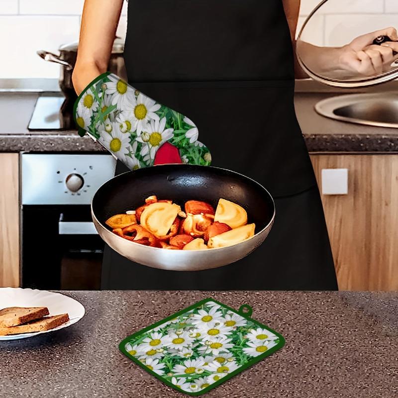 2pcs Cotton Kitchen Gloves Floral Pattern High Temperature Resistant Oven Mitts
