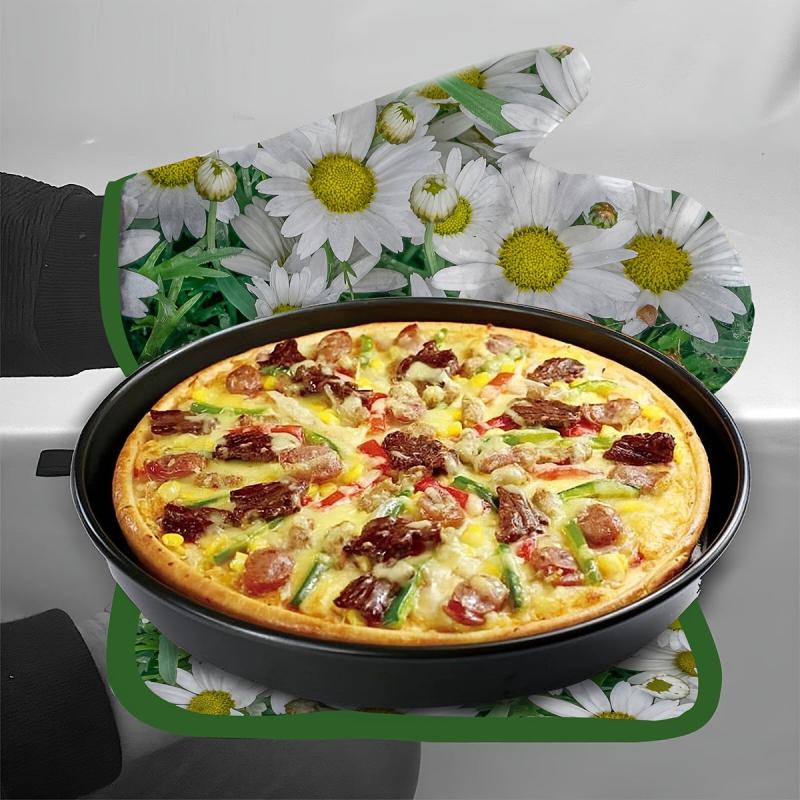 2pcs Cotton Kitchen Gloves Floral Pattern High Temperature Resistant Oven Mitts