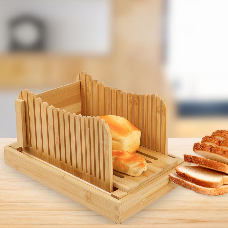 Bamboo Bread Slicer With Crumbs Tray Foldable Wooden Bread Slicer
